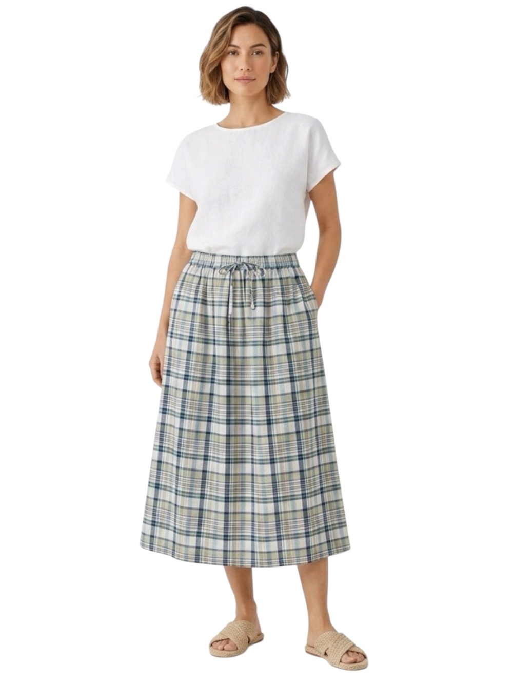 Orvis Navy Sage Tan Plaid Midi Skirt Size Large - Picture 2 of 10